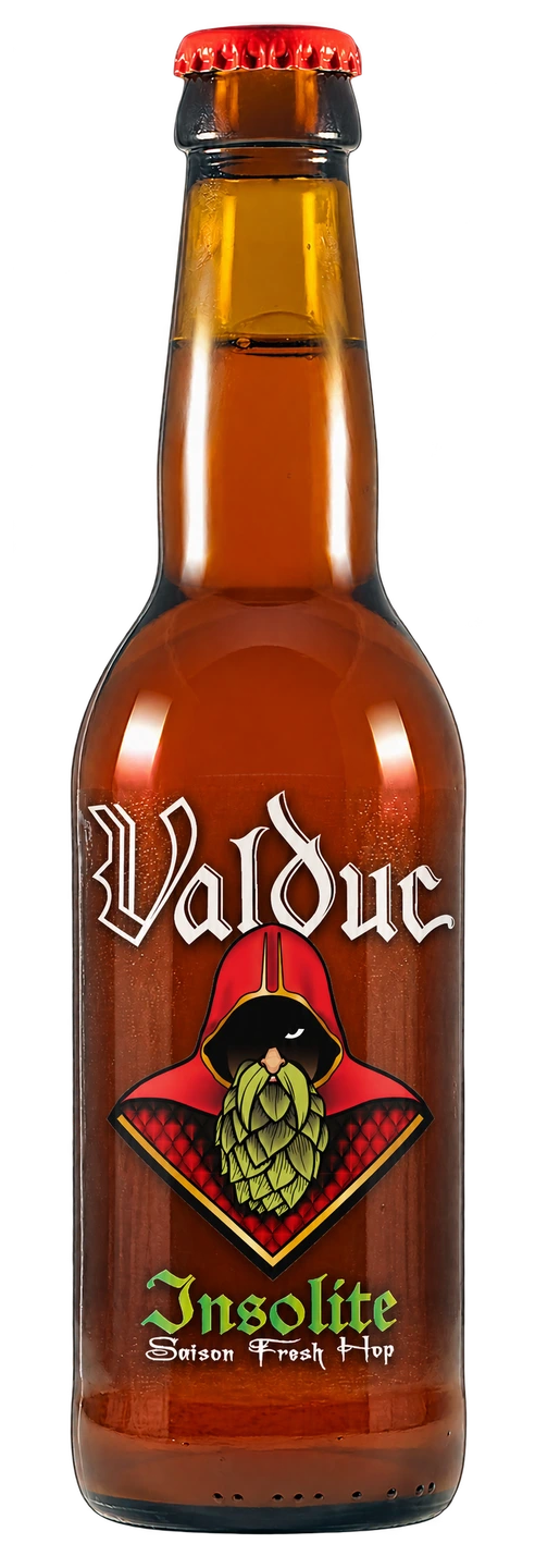 Montage photographique de Insolite Saison Fresh Hop avec son étiquette originale sur une bouteille commune